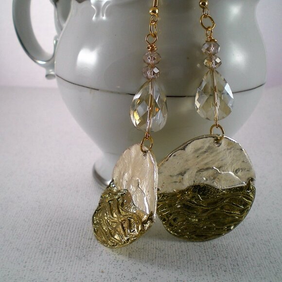 Gold/Silver Crystal Disc Dangle Earrings - Picture 2 of 5